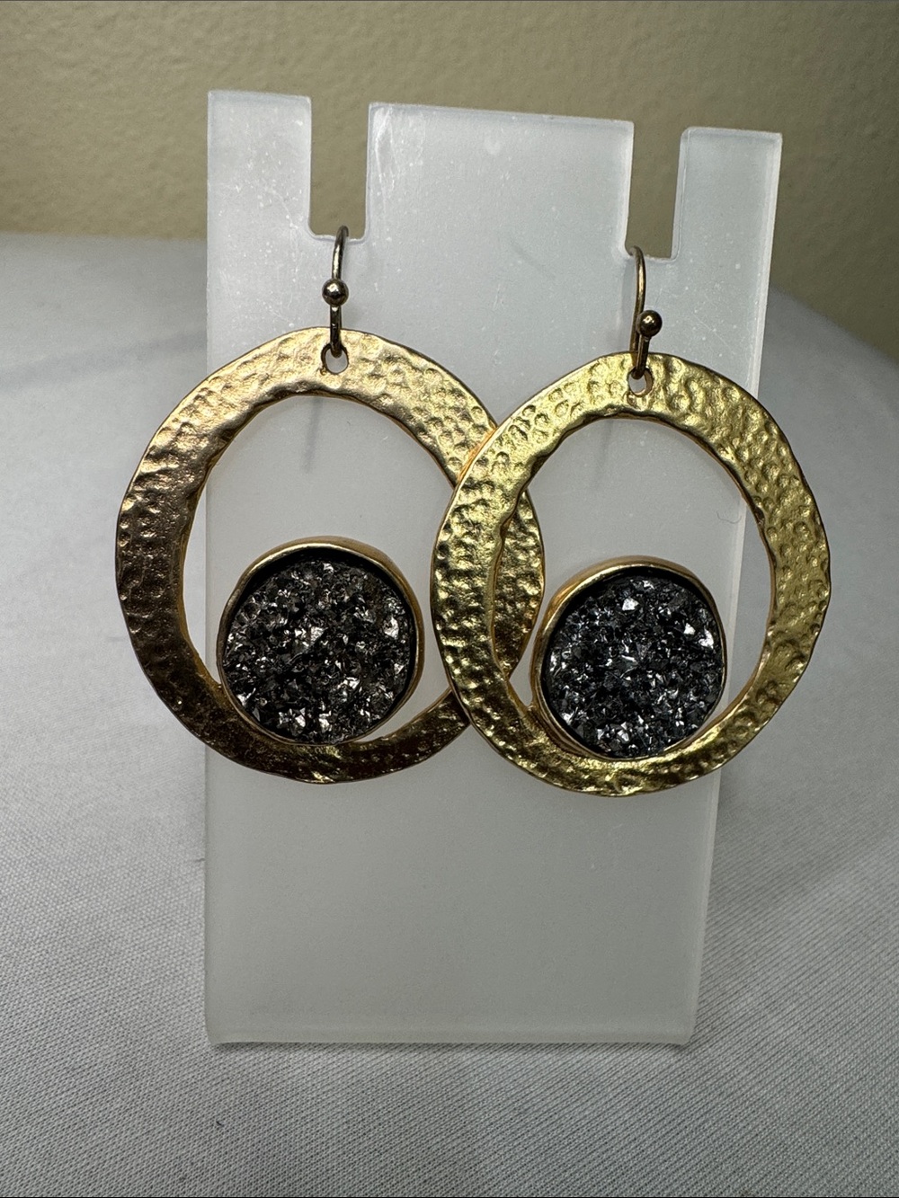 Gold Hammered Hoop Earrings with Black Druzy Accent